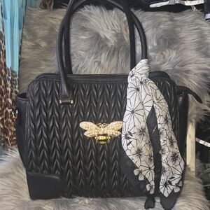 Black Quilted Satchel Handbag with Bee Accent and Scarf